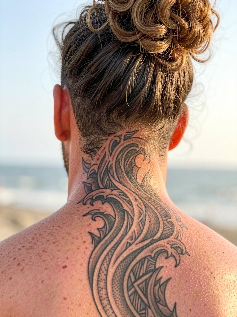 Close-up detalhado de pescoço e costas masculinas com tatuagem geométrica em cinza escuro, estilo onda ou chama, cabelo preso em coque alto texturizado, luz natural difusa.