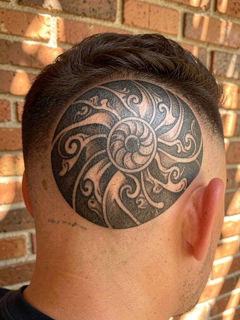 Homem com padrões geométricos de nautilus e ondas raspados no cabelo escuro, iluminados por luz natural difusa contra parede de tijolos texturizada.