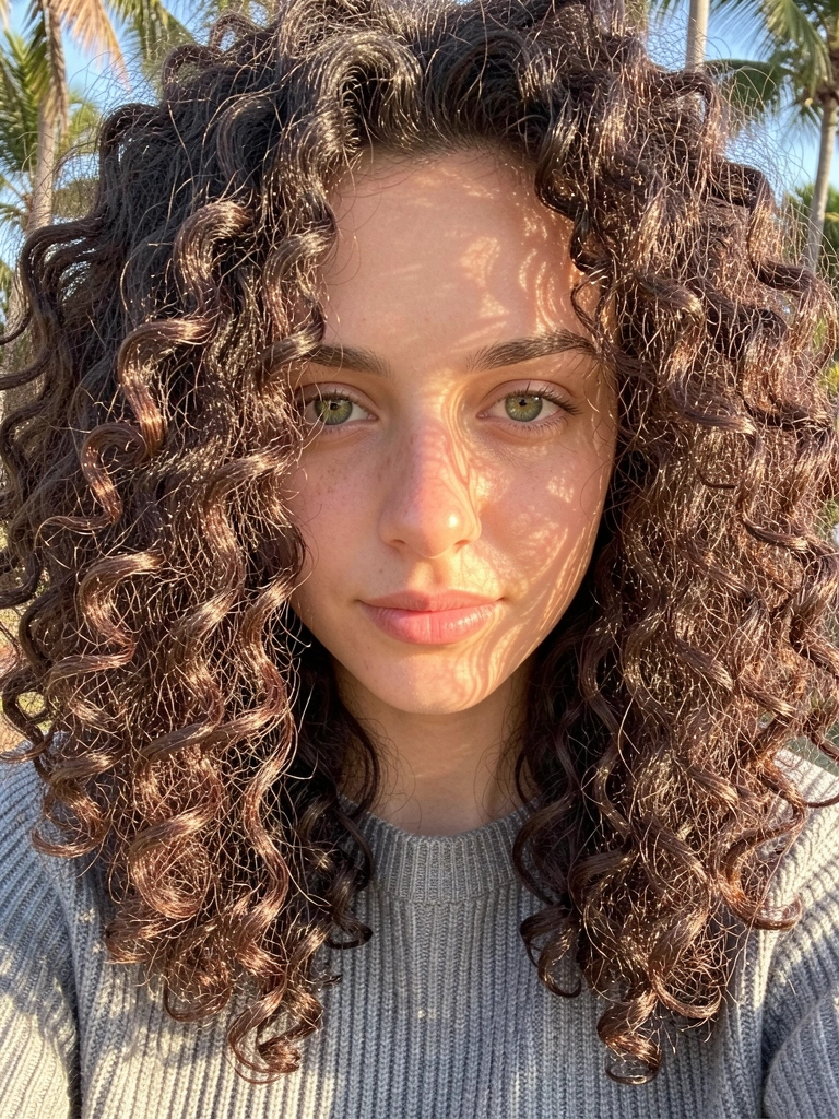 Jovem com cabelos crespos escuros e olhos verdes, suéter cinza texturizado, luz natural e folhagens desfocadas ao fundo.