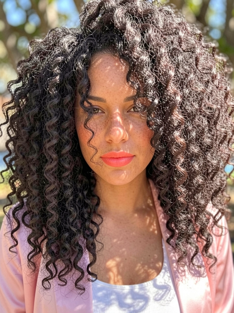 Mulher com cabelos crespos escuros e volumosos, jaqueta rosa clara, batom coral vibrante, luz natural com fundo desfocado.