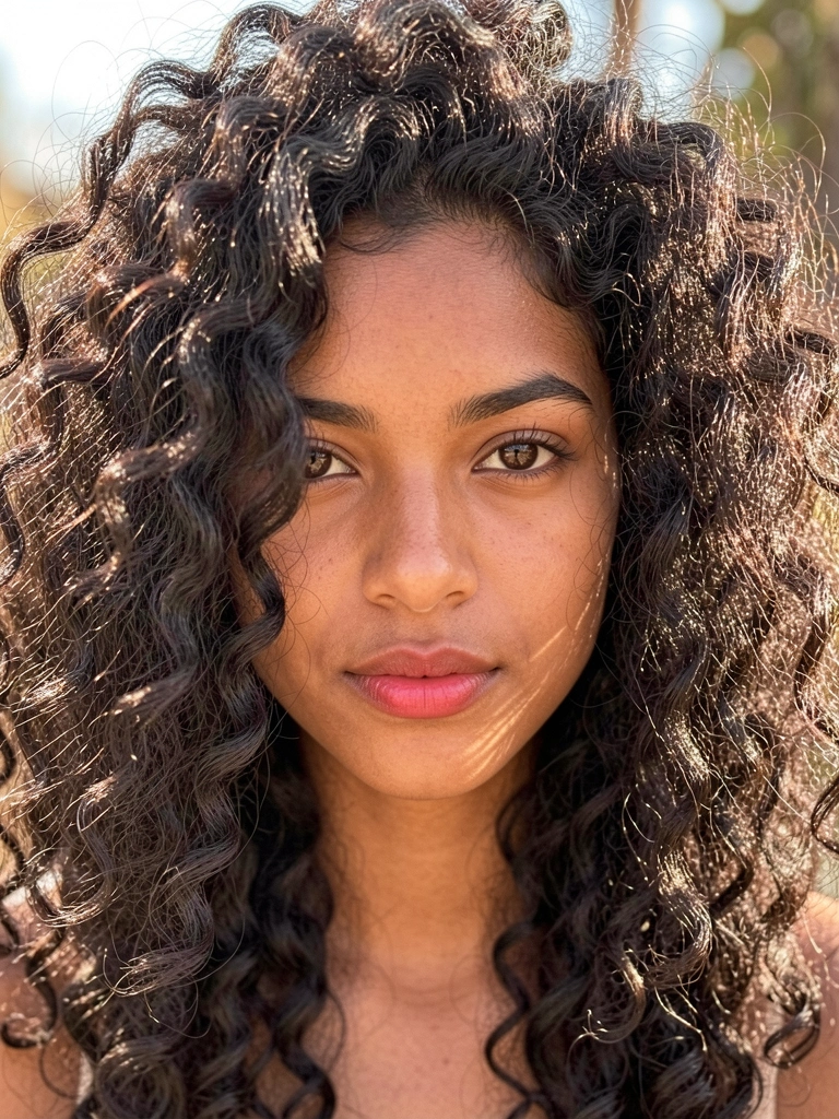 Jovem de cabelos crespos volumosos com mechas iluminadas, pele morena e olhos expressivos, luz natural difusa, fundo levemente desfocado ao ar livre.