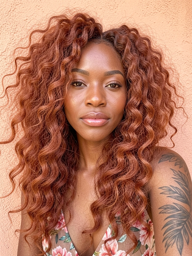 Close-up de mulher negra com cabelos cacheados ruivos volumosos, blusa floral transparente e parede texturizada pêssego ao fundo, iluminada por luz solar difusa.