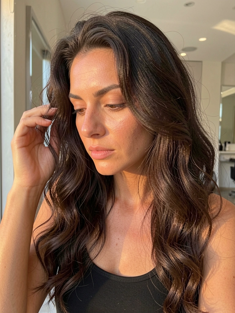 Close-up de mulher com cabelo castanho escuro ondulado tocando os fios, pele com textura natural, luz diurna suave, fundo claro e moderno.