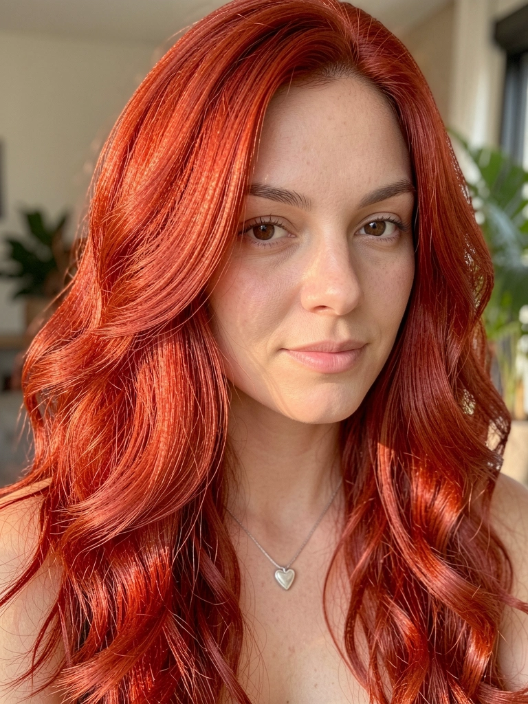 Close-up de mulher com cabelos ruivos volumosos e texturizados, colar de coração de prata, luz natural suave e fundo desfocado com plantas.
