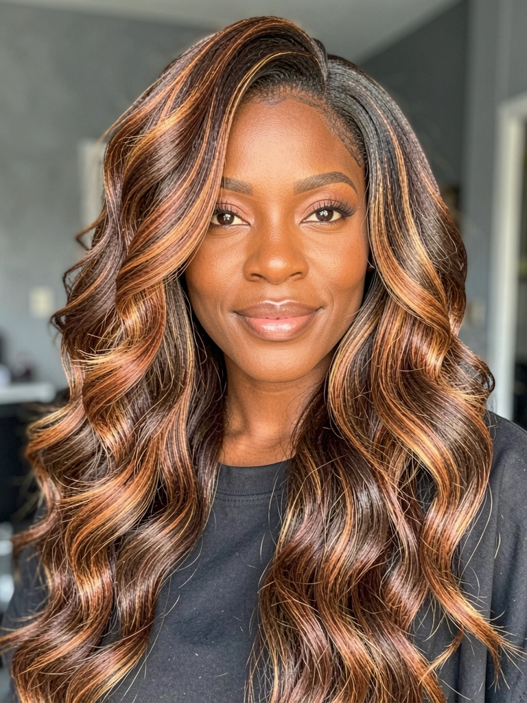 Mulher negra com cabelo cacheado castanho e ruivo com mechas em formato de borboleta, luz natural suave, fundo cinza desfocado.