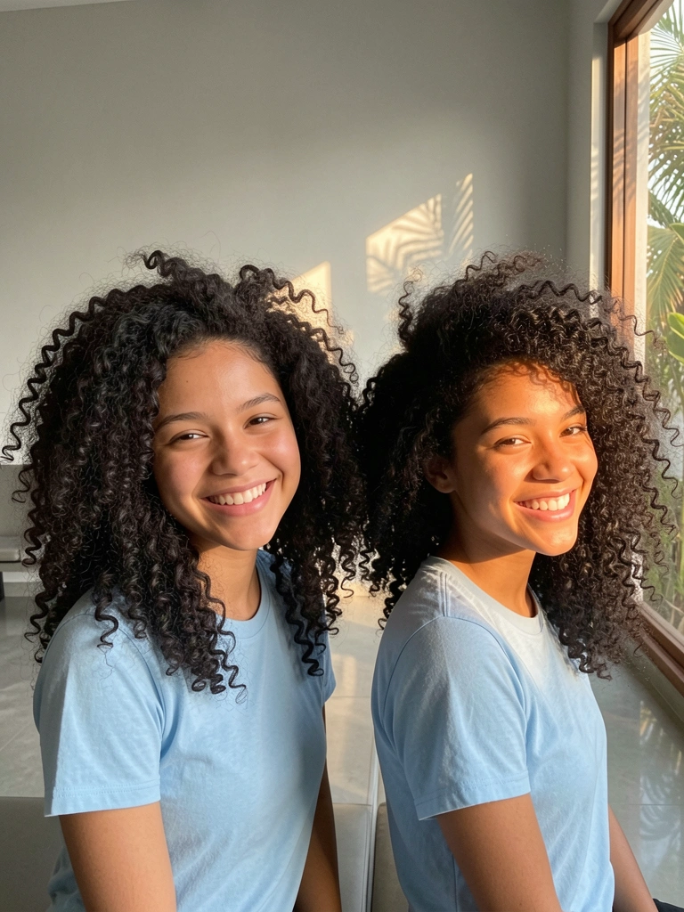 Duas mulheres com cabelos crespos escuros volumosos, sorrindo, usando camisetas azul-claras, em uma sala de espera minimalista com luz natural suave.