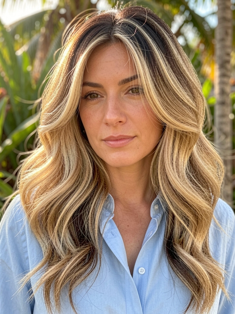 Retrato de mulher com cabelo castanho e loiro em camadas, camisa azul clara desabotoada, luz natural difusa e fundo tropical desfocado.