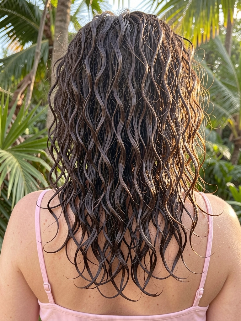 Cachos escuros molhados e volumosos em corte borboleta, mulher de blusa rosa claro, luz natural filtrada por folhagens.