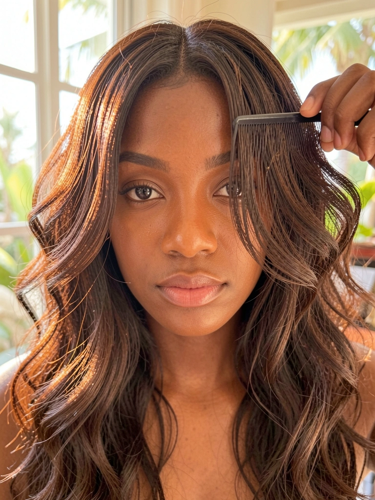 Jovem negra com cabelo castanho escuro ondulado sendo cortado em camadas, pente e luz natural difusa ao fundo desfocado.