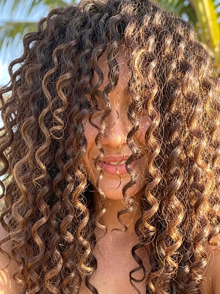 Mulher com cabelos cacheados castanho-escuros volumosos, mechas carameladas e douradas, sorriso sutil, fundo desfocado com luz natural tropical.