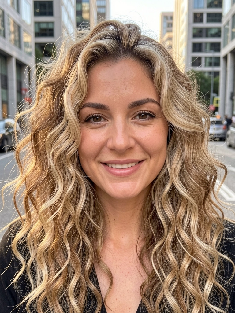 Retrato de mulher sorrindo com cabelos loiros e castanhos dourados, ondulados e volumosos, iluminados por luz natural suave, fundo de rua urbana desfocado.