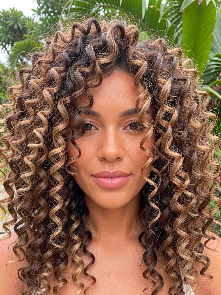 Retrato feminino com cabelos cacheados em tons de castanho e caramelo, corte borboleta, luz natural suave e fundo de folhagens verdes.