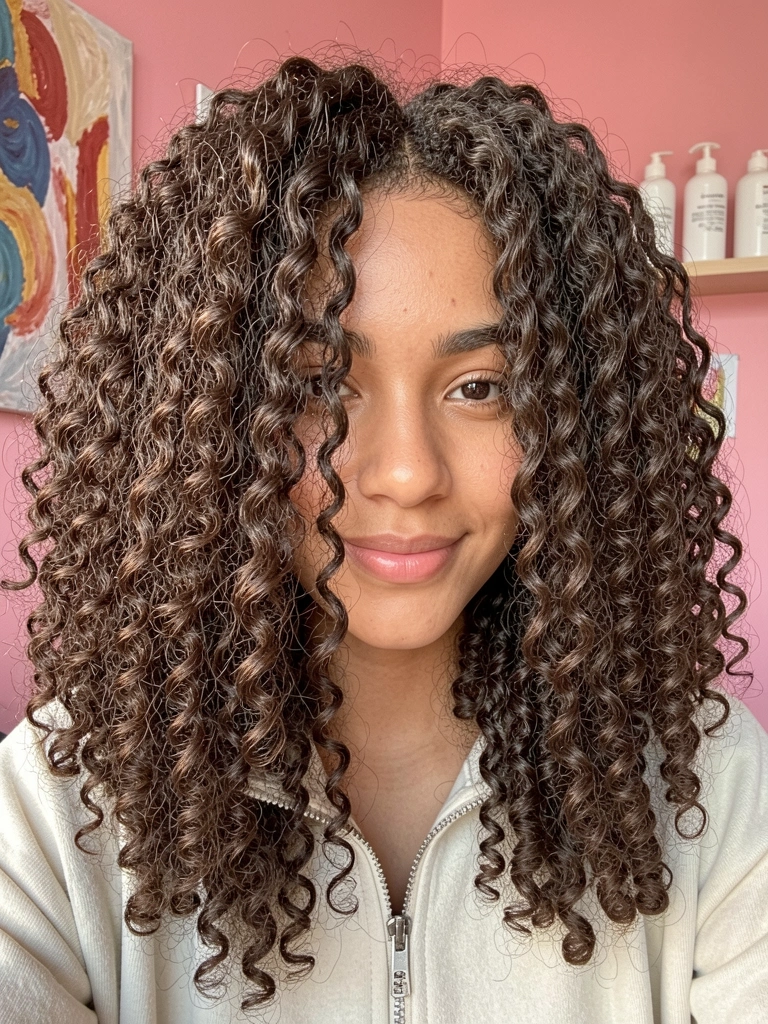 Jovem com cabelos crespos volumosos e jaqueta clara, parede rosa com quadros abstratos e garrafas brancas, luz natural difusa.