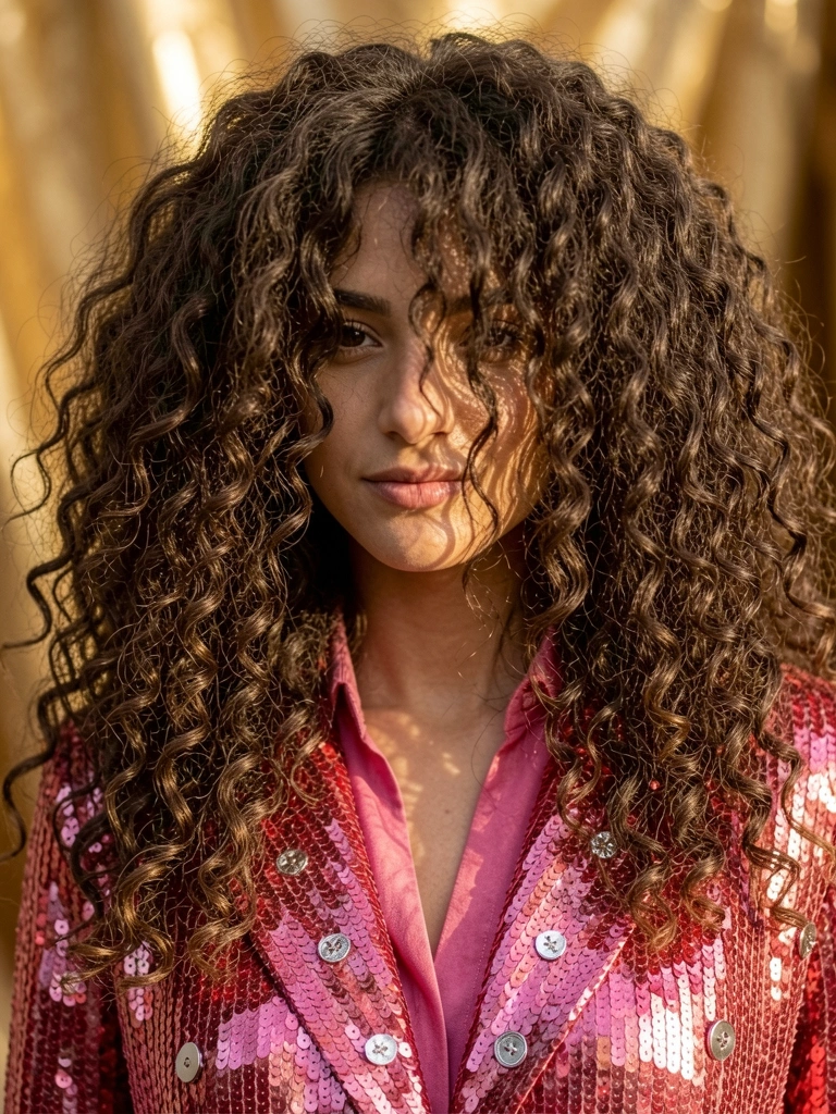 Jovem com cabelos crespos volumosos e blazer de paetês rosa e vermelho, luz dourada difusa ao fundo.
