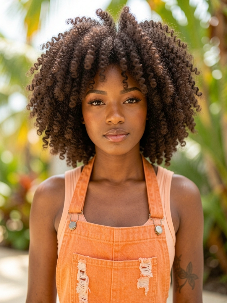 Jovem negra com afro volumoso e texturizado, top pêssego e avental jeans laranja desgastado, tatuagem no braço, fundo desfocado com verde tropical.