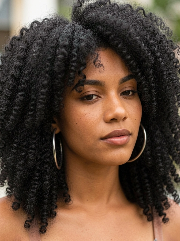 Jovem com cabelo afro denso e cacheado, brincos de argola prateados e expressão serena sob luz difusa ao ar livre.