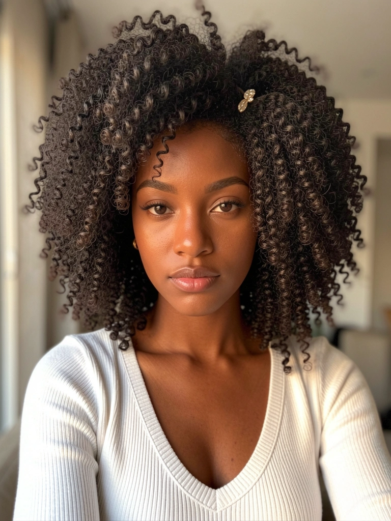 Jovem de pele escura com afro volumoso, top branco canelado, luz natural suave e fundo neutro desfocado.