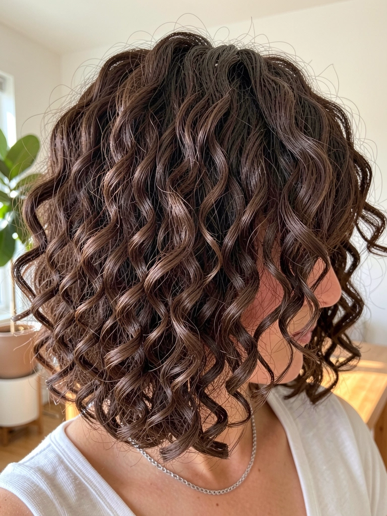 Cachos volumosos castanho-escuros em long bob com franja e parte lateral, colar de prata, fundo desfocado com planta e mesa de madeira sob luz natural.