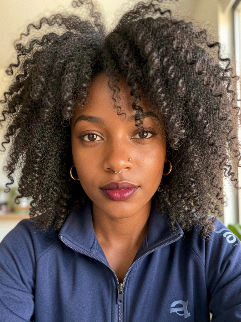 Jovem negra com cabelo afro volumoso, jaqueta azul-marinho, brincos de argola dourados e luz natural suave.