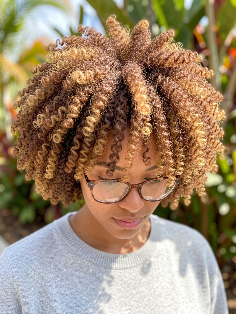 Cachos volumosos castanhos com reflexos dourados em mulher de suéter cinza e óculos, fundo com folhagem tropical desfocada e luz natural suave.