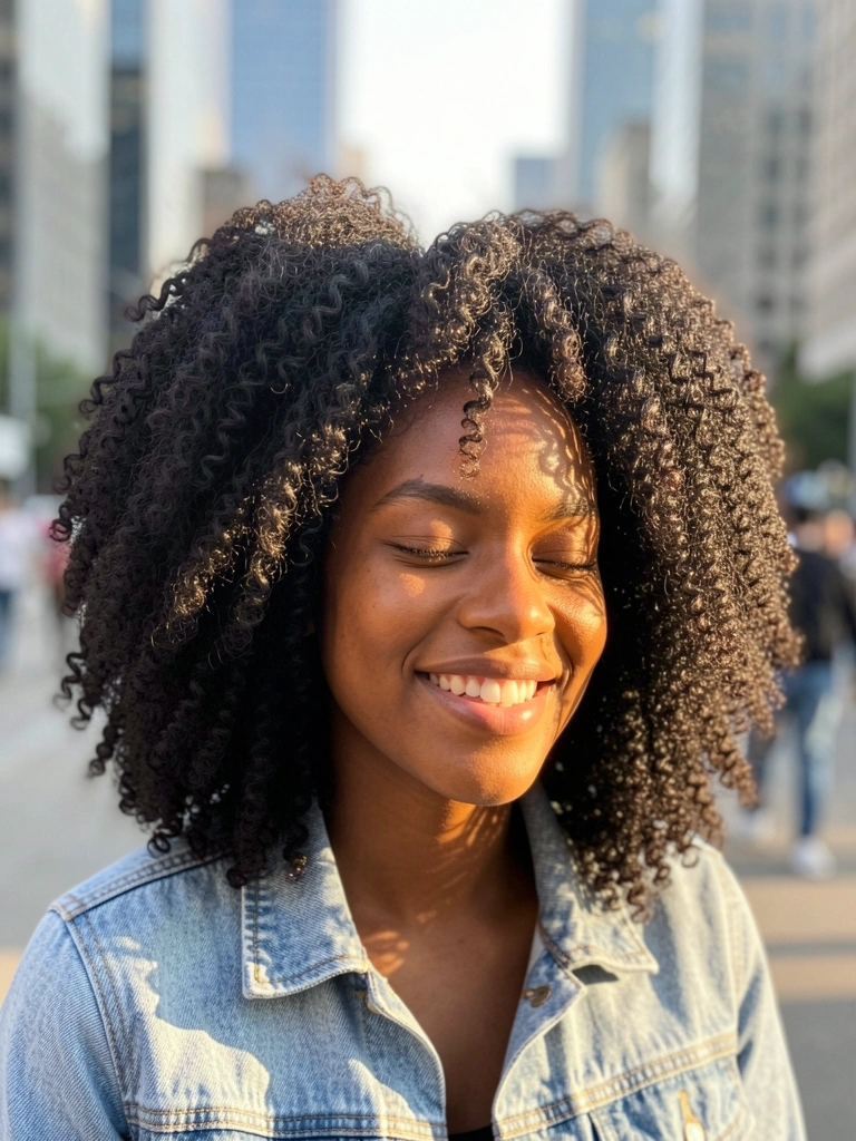 Jovem negra com afro volumoso e jaqueta jeans clara, sorrindo de olhos fechados sob luz natural, fundo urbano desfocado.