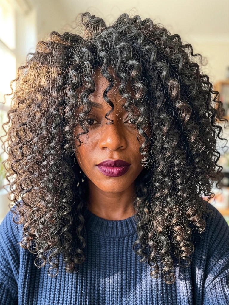 Mulher negra com cabelos crespos volumosos e batom vinho, suéter azul escuro texturizado, luz natural difusa destacando os cachos.