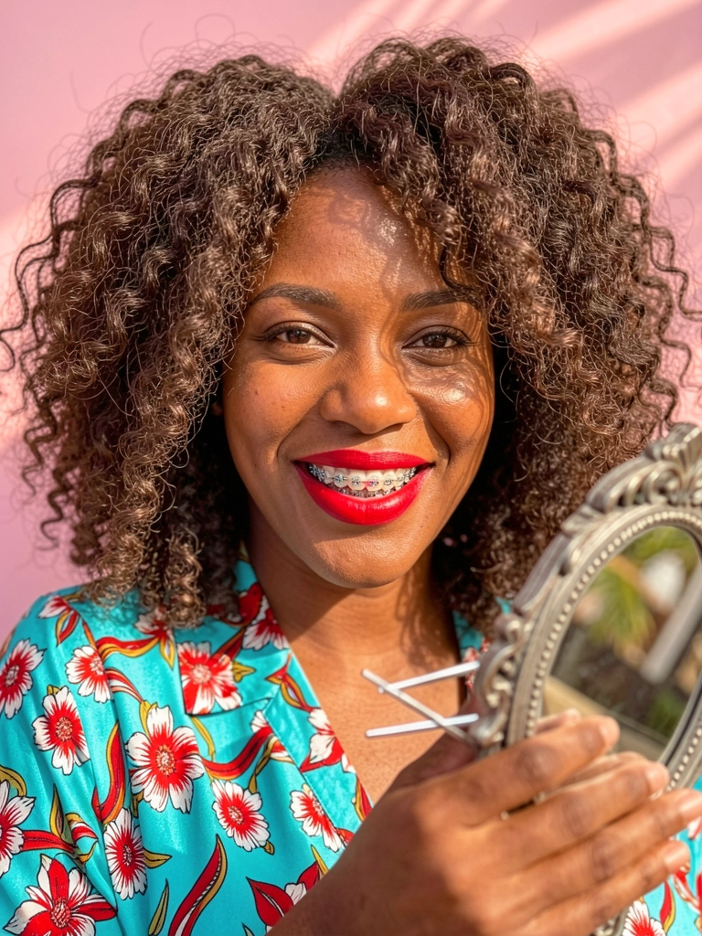 Close-up de mulher negra de cabelo cacheado volumoso, batom vermelho e aparelho nos dentes, blusa floral turquesa e vermelha, espelho e grampos de cabelo prateados em primeiro plano, fundo rosa suave.