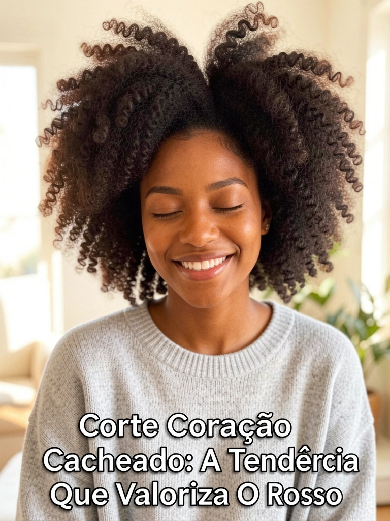 Jovem negra com cabelo afro volumoso, suéter cinza claro e sorriso de olhos fechados, sob luz natural suave.