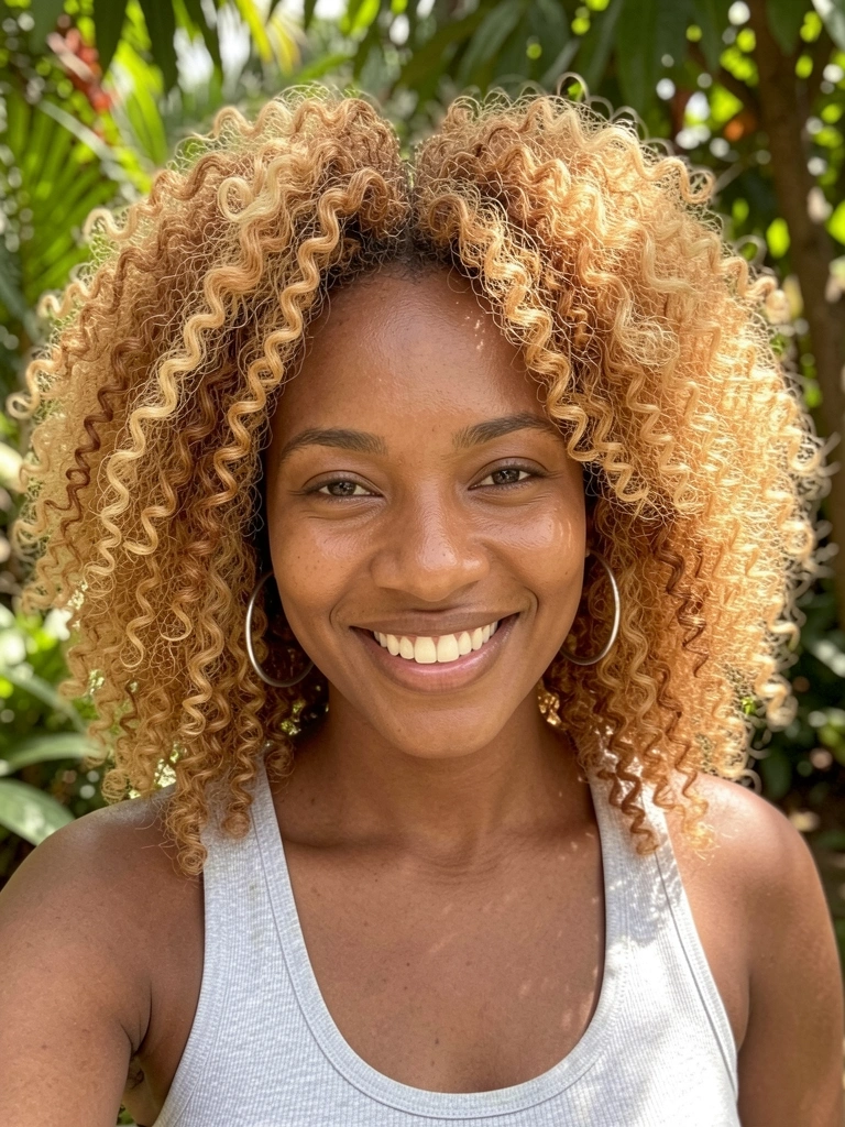 Retrato de mulher negra com cabelos cacheados volumosos em loiro mel e caramelo, brincos de prata e regata cinza, iluminada por luz solar difusa, fundo de jardim desfocado.