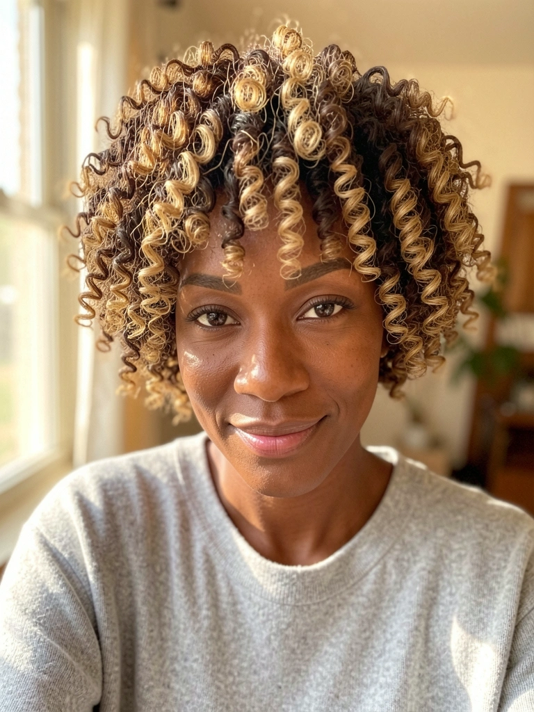 Close-up de mulher negra com cabelo afro cacheado curto, mechas loiras e castanhas, suéter cinza claro, luz natural difusa, fundo desfocado interno.