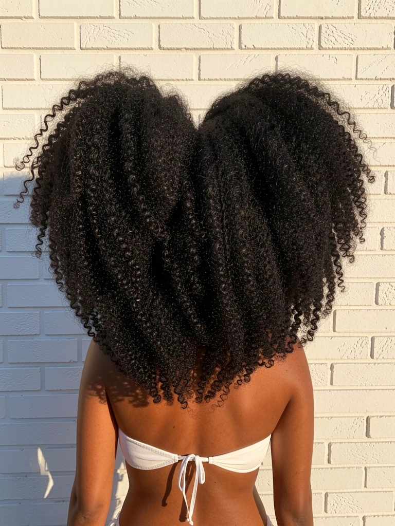 Cabelo afro preto volumoso em formato de coração sobre costas com biquíni branco, parede de tijolos brancos e luz natural.