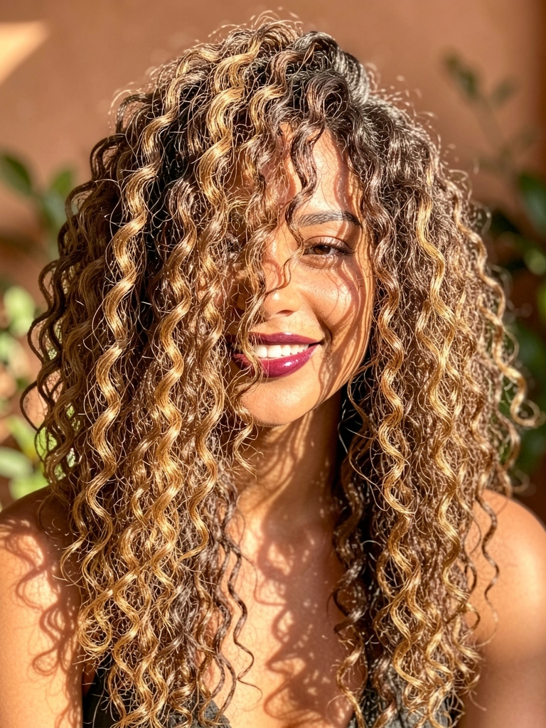 Jovem com cabelos cacheados castanhos e dourados volumosos, sorriso caloroso e lábios berry, fundo desfocado com luz tropical.