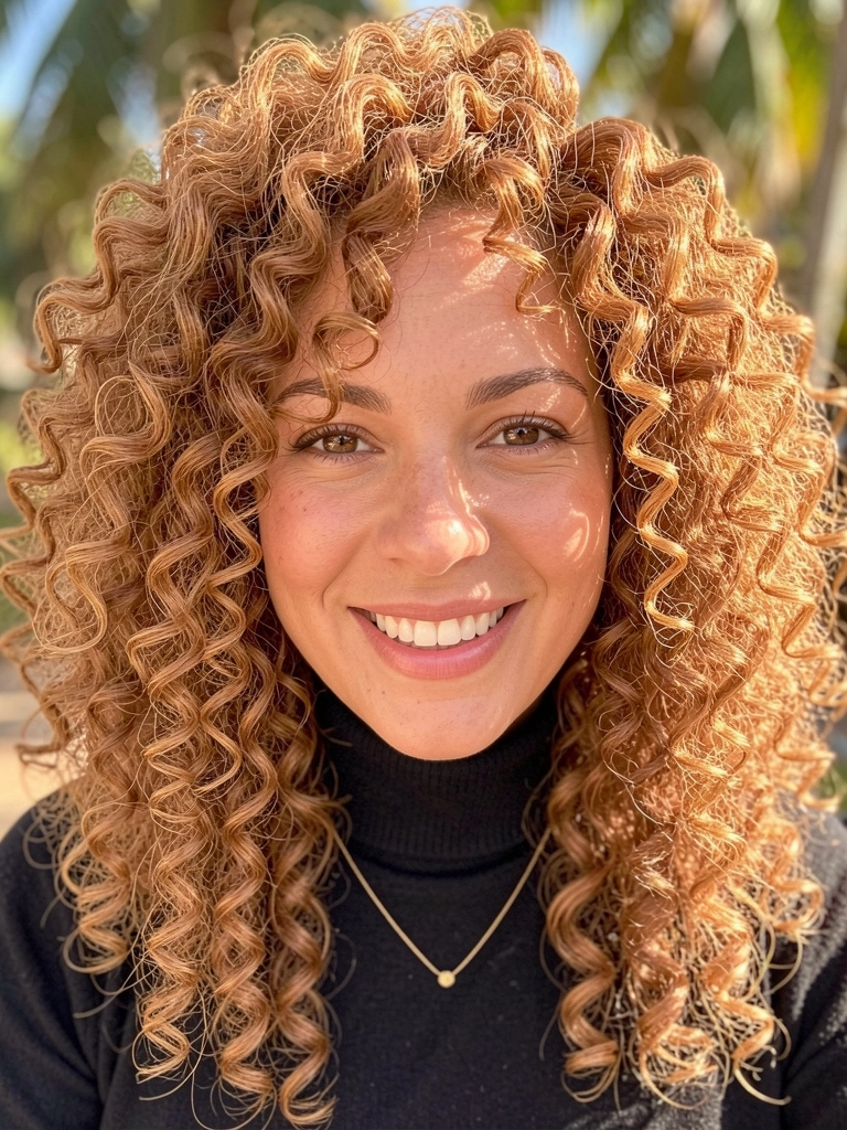 Mulher com cabelos cacheados caramelados volumosos, sorrindo, usando gola alta preta e colar de ouro, fundo desfocado com luz natural.