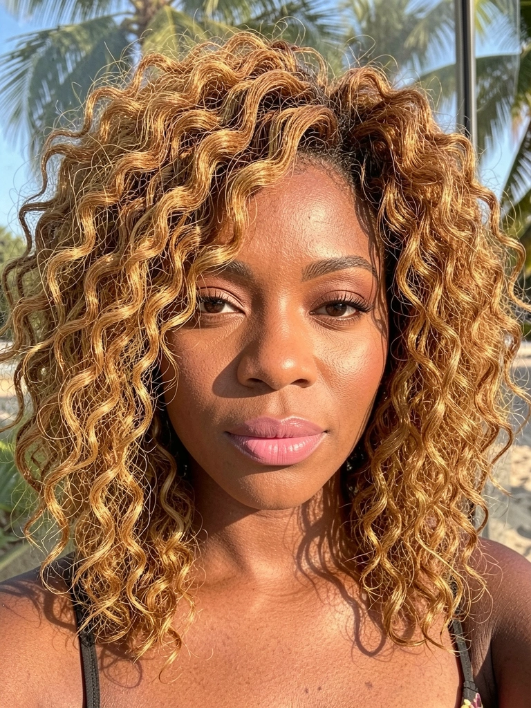 Mulher negra com cabelo castanho-caramelo cortado em wolf cut, ondas e cachos definidos, maquiagem natural, luz natural quente, fundo desfocado.