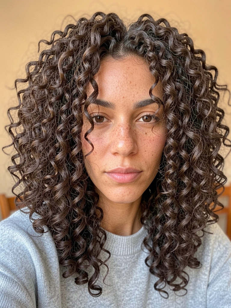 Mulher com cabelo castanho escuro crespo volumoso, suéter cinza claro, luz natural difusa, fundo bege desfocado.