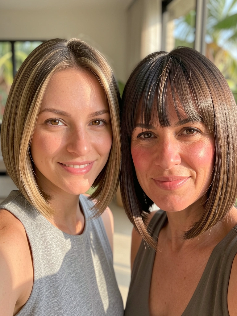 Duas mulheres, uma de cabelo castanho claro e top cinza, outra de cabelo castanho escuro com franja, sorriem confiantes sob luz natural difusa.