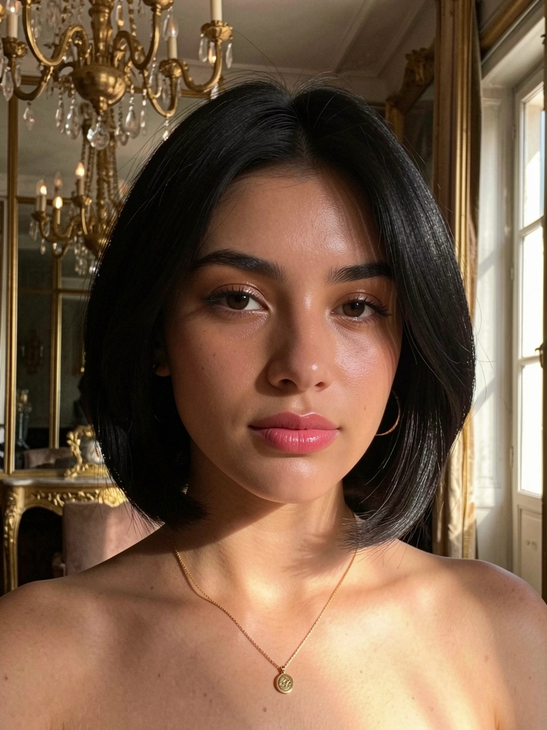 Jovem de cabelo escuro e bob moderno, colar de ouro, fundo com lustres dourados e espelhos, luz suave de janela.