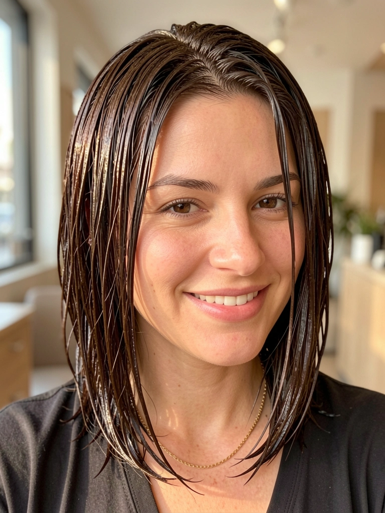 Mulher com cabelo chanel de bico angular e finalização molhada brilhante, luz natural suave, fundo neutro desfocado.