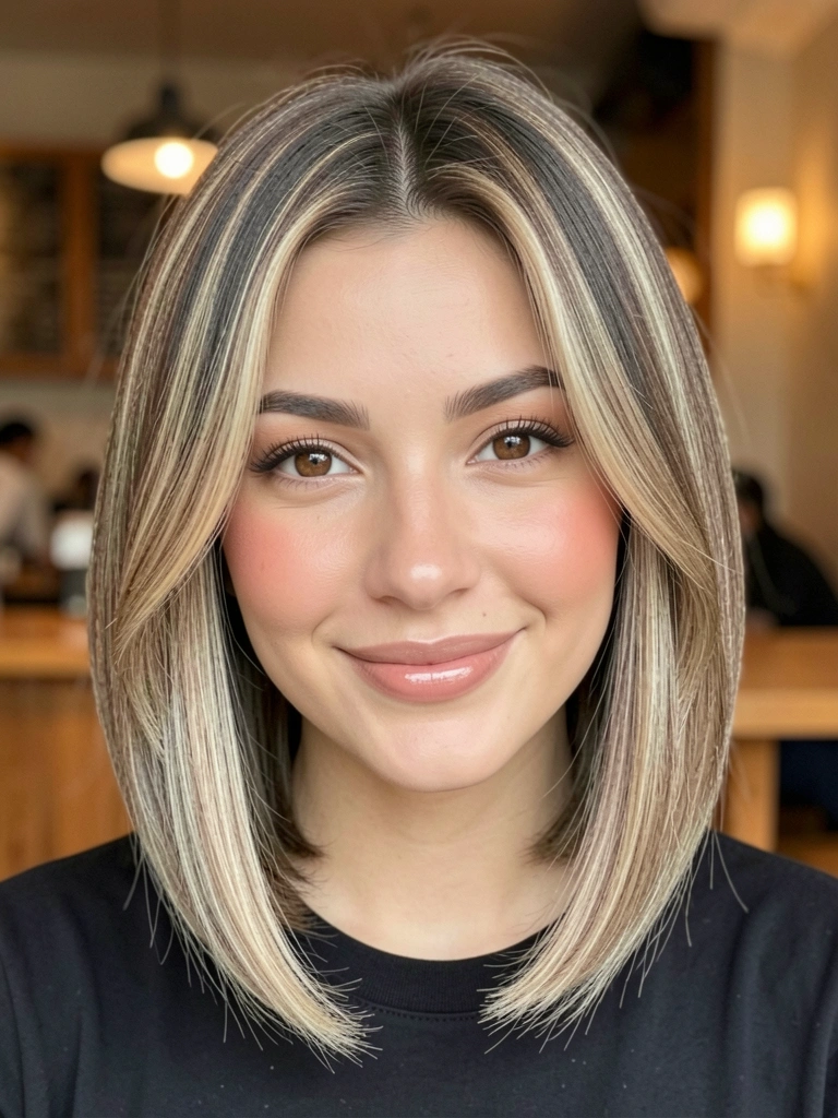 Mulher com cabelo chanel de bico loiro, sorriso natural, fundo desfocado de café com luz suave.