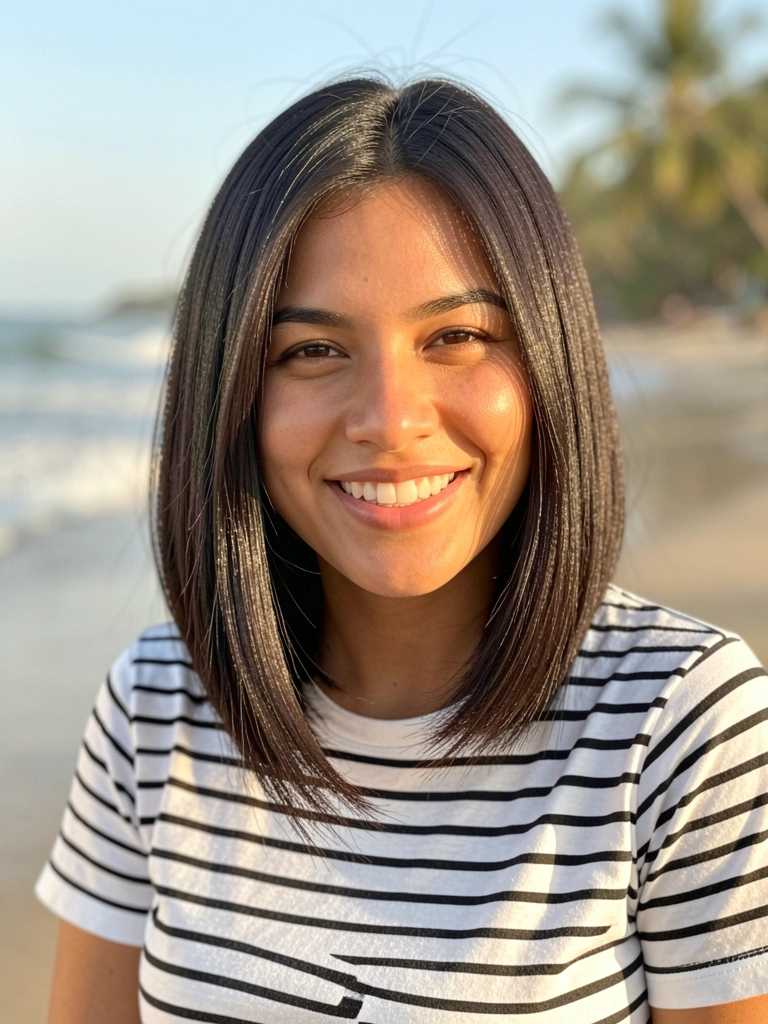 Mulher com cabelo liso escuro em corte chanel de bico, sorriso genuíno, camisa listrada preta e branca, luz natural difusa e fundo de praia desfocado.
