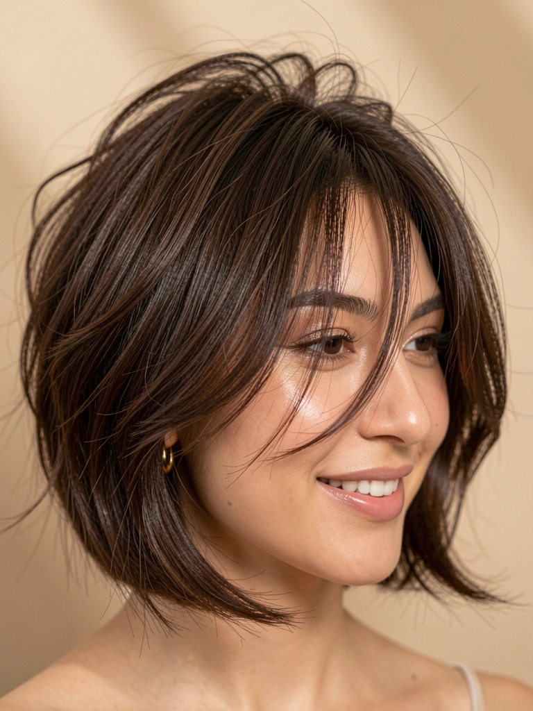 Mulher com cabelo castanho escuro em bob texturizado, ondas suaves e sorriso espontâneo, fundo bege neutro com luz difusa.