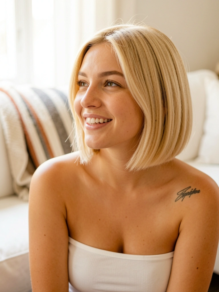 Jovem de cabelo loiro curto e sorriso genuíno, usando top branco, manta listrada sobre sofá claro, luz natural difusa.
