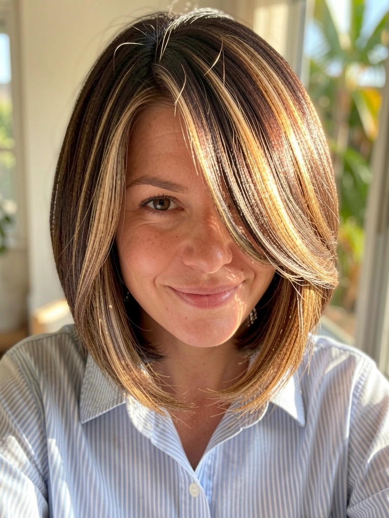 Primeiro plano de mulher com corte chanel de bico em castanho escuro e loiro dourado, camisa listrada azul e branca, sorriso espontâneo, luz natural filtrada.
