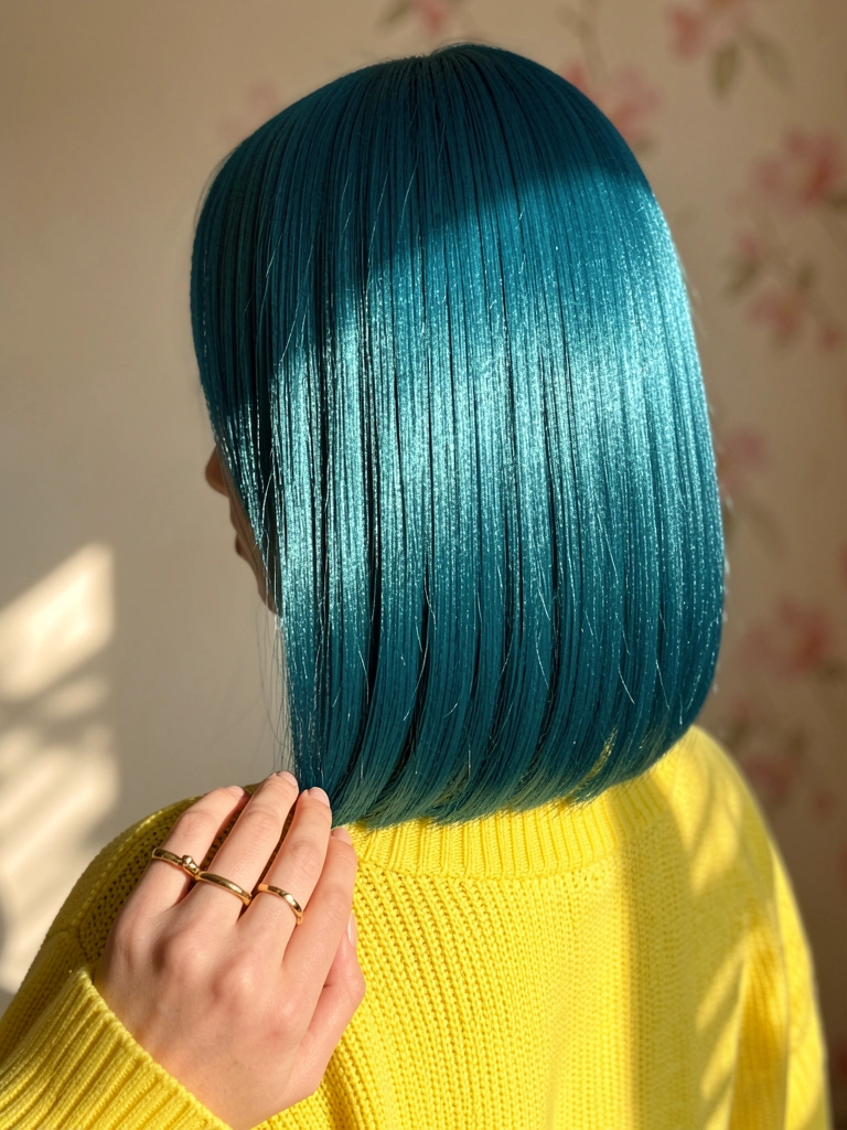 Mulher com cabelo azul-petróleo em chanel alongado, suéter amarelo e anel de ouro, luz natural suave e fundo neutro.