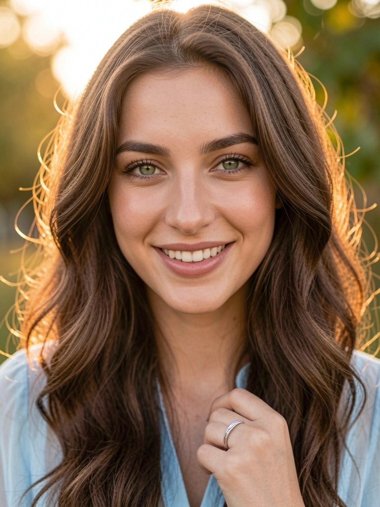Jovem de cabelos ondulados e olhos verdes sorrindo, blusa azul clara, luz dourada e folhagem desfocada ao fundo.