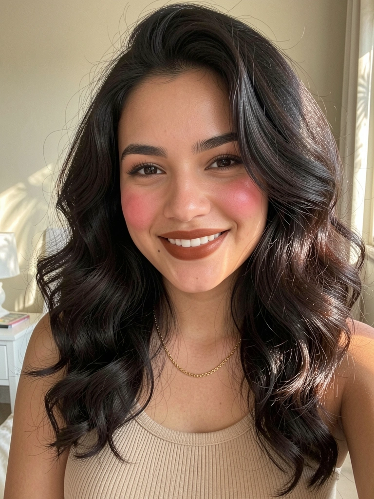 Jovem de cabelos ondulados volumosos, sorriso natural, usa regata bege e colar dourado. Luz difusa e tropical ao fundo.