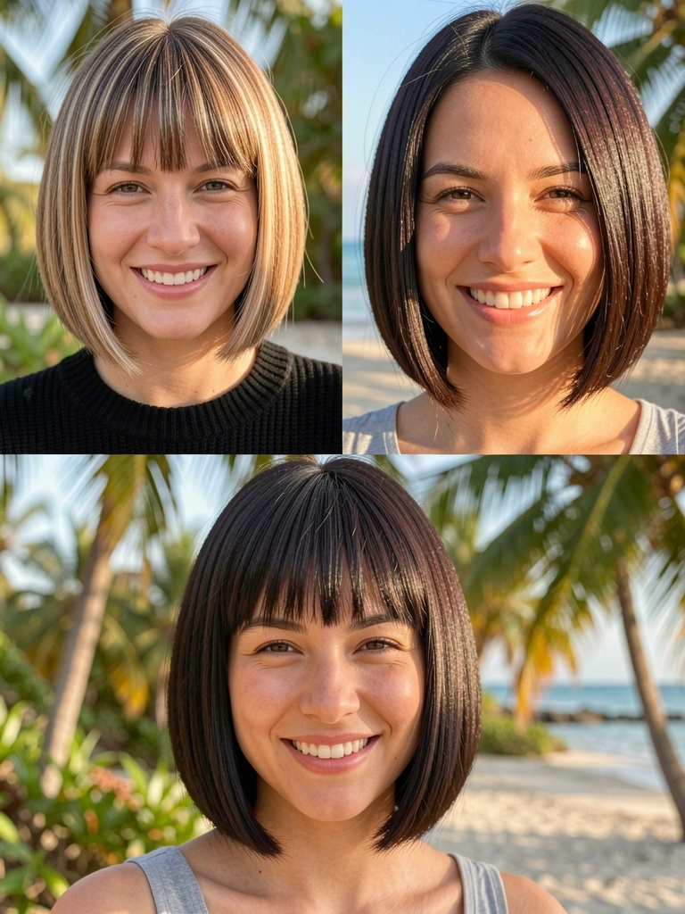 Duas mulheres com cortes chanl de bico: uma de cabelo castanho claro e suéter preto, outra com cabelo castanho escuro e franja reta, sorrindo à luz natural.