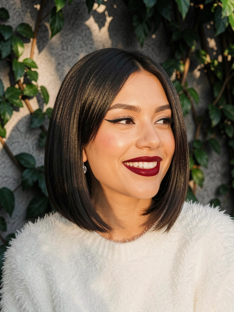 Mulher com corte chanel angular e batom vermelho, sorrindo sob luz difusa, com parede texturizada e folhagens escuras ao fundo.