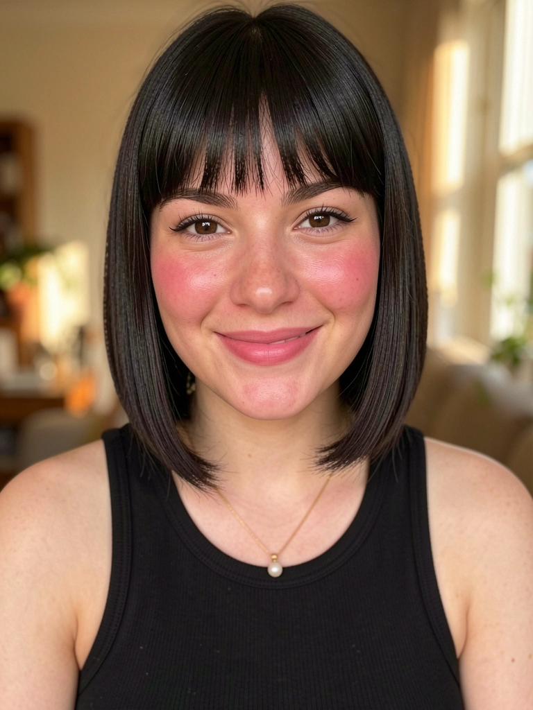 Jovem com chanel reto e franja, blusa preta canelada, colar de ouro com pérola, sorriso genuíno e fundo desfocado com luz natural.