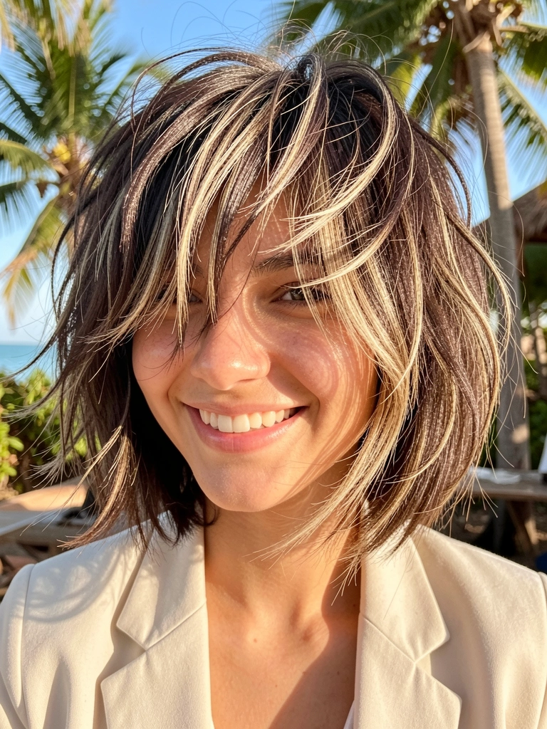 Jovem de cabelo castanho com mechas loiras em corte chanel de bico texturizado, blazer claro, sorriso espontâneo e luz natural difusa, fundo tropical.